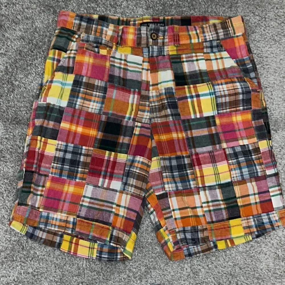 Vtg 1946 Washed stone Beaten L Mens Shorts 5 Pockets patchwork madras print 35